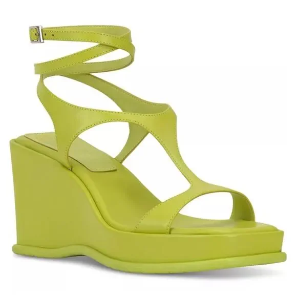 Vince Camuto Acid Lime Green Wedge Platform Leather Sandals - Picture 2 of 10